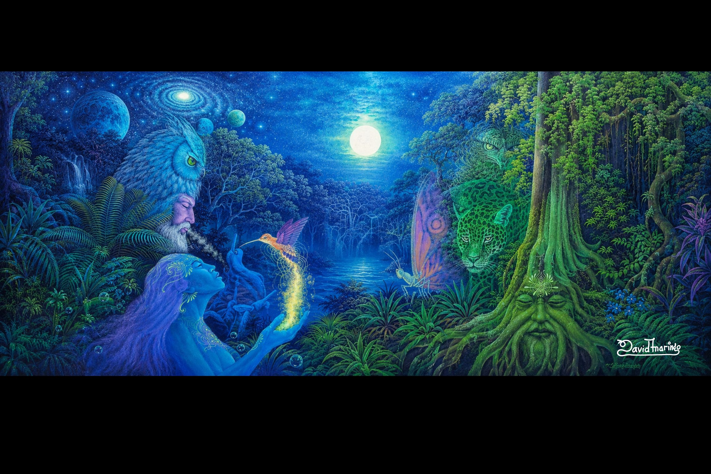 Owl, jaguar, and forest spirits gathered by moonlit water