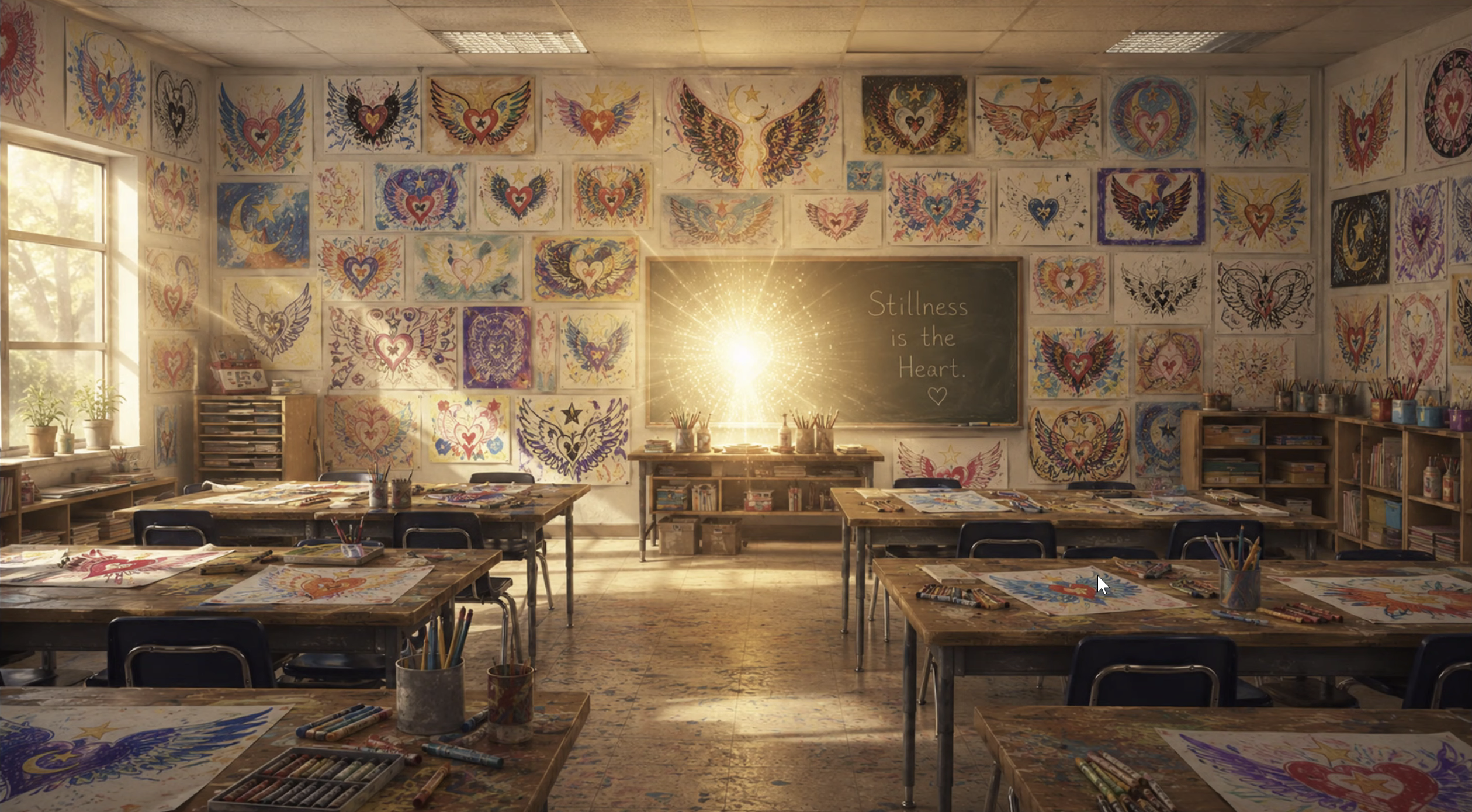 Stillness is the Heart — a classroom wall entirely covered in painted Sufi symbols